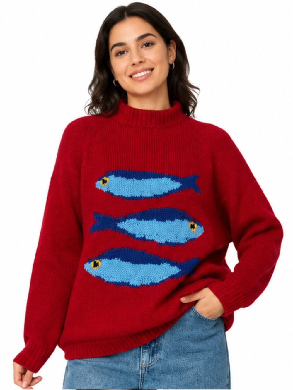 Red & Blue Colourful Sardine Fish Cozy Pullover Sweater